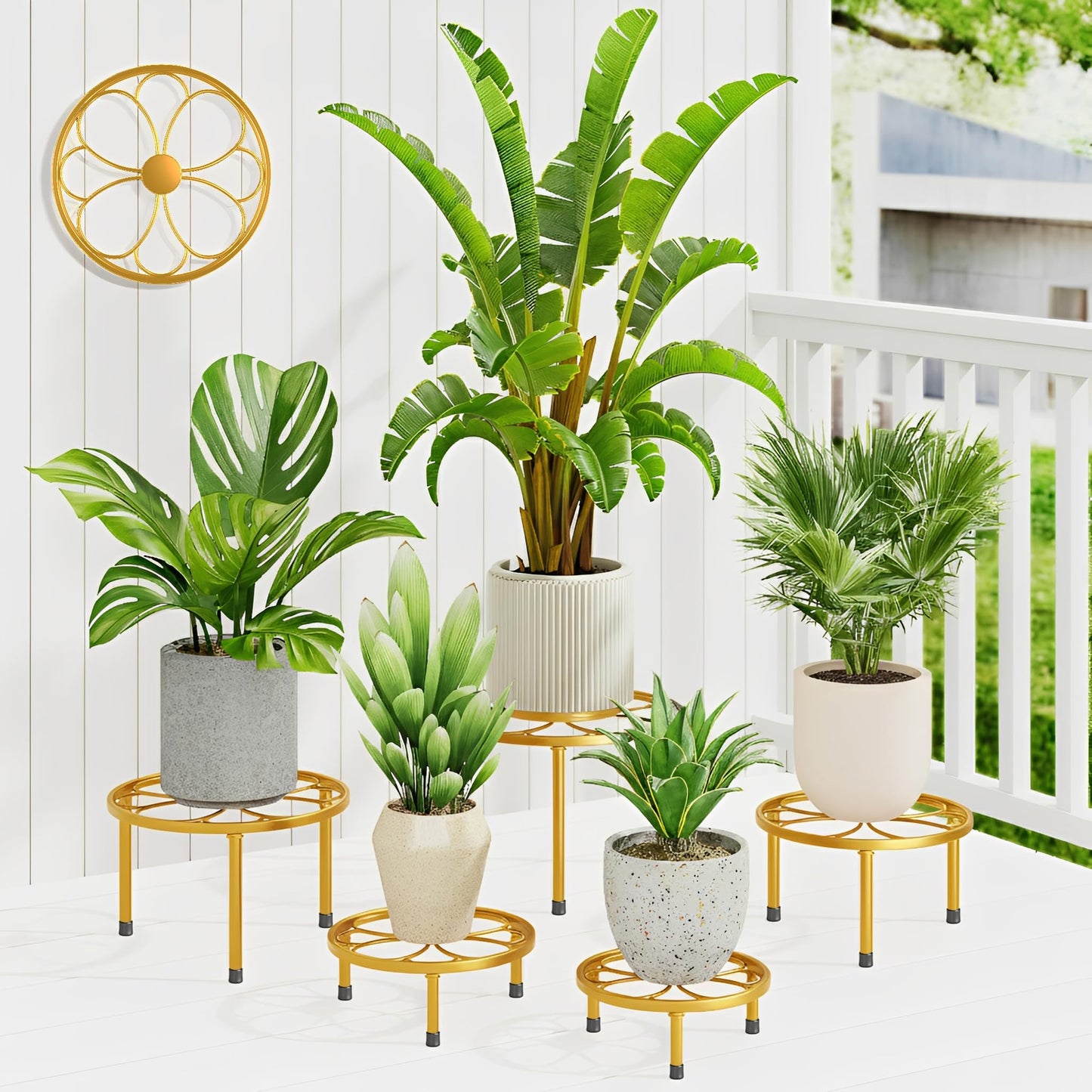 NQW 5-piece set of Metal Plant Potted Flower Racks,Heavy-Duty Flower Pot Plant Racks,Anti-Rust Iron Flower Racks for Indoor and Outdoor Home Garden Patio Decoration(GoldFlower)