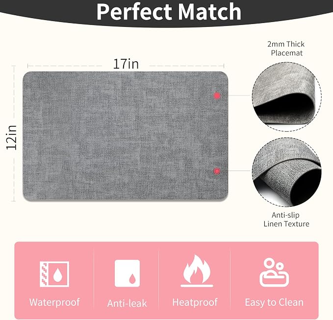 Maxpearl Faux Leather Placemats Set of 4 - Waterproof - Wipe Clean - Heat Resistant - Anti Slip Dining Table Place Mats, Suitable for Indoor & Outdoor Use, 17’’×12’’, Grey