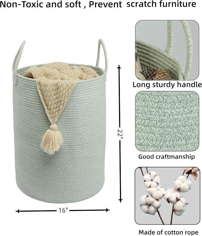 XUANGUO Cotton Rope Laundry Basket Hamper for Clothes Woven Storage Basket for Living Room Bedroom Boho Tall Rope Baskets for Blanket Toys Pillow Towels Baby Nursery Hamper Bin green Large