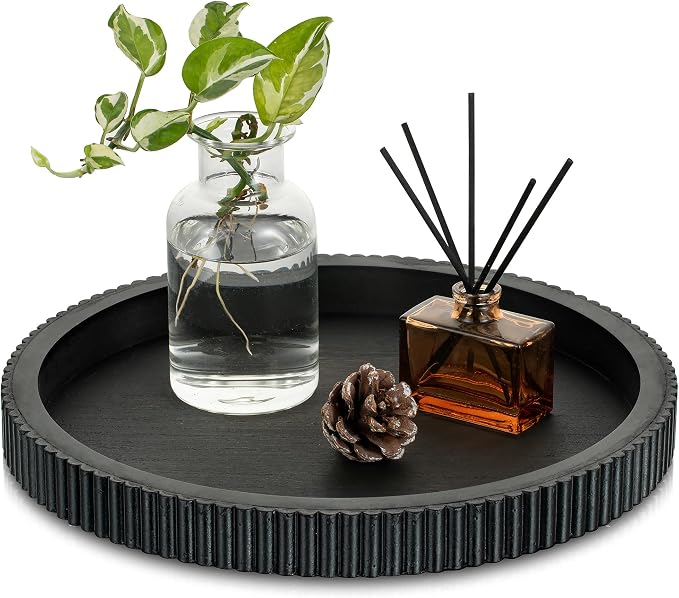 Hanobe Decorative Tray for Coffee Table: 12" Black Round Centerpiece Tray for Home Decor - Wood Modern Farmhouse Decor for Living Dining Room Kitchen Island Tabletop