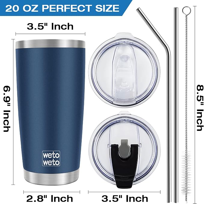 WETOWETO 20oz Tumbler with 2 lids and 2 straws, Stainless Steel Vacuum Insulated Water Coffee Tumbler Cup, Double Wall Powder Coated Spill-Proof Travel Mug Thermal Cup (Navy Blue, 1 Pack)