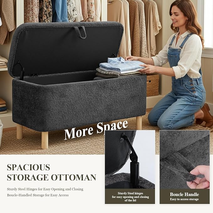 COLAMY Ottoman with Storage, Storage Ottoman Bench, End of Bed Storage Bench, Square Ottoman Foot Rest, Entryway Bench with Seating and Wood Legs for Living Room, Bedroom, Dark Grey
