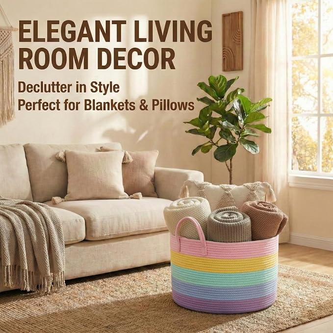 JMvicyroam 65L Extra Large Blanket Basket for Living Room - Woven Cotton Rope Laundry Hamper with Reinforced Handles - Storage Bin for Pillows, Comforters & Toys - Machine Washable,Rainbow