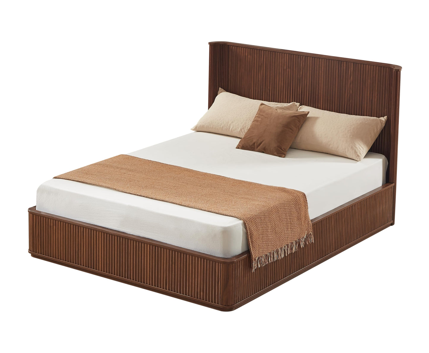 KEIKI Queen Bed Frame with 44" Tall Fluted Headboard, Natural Walnut Platform Bed Frame, Modern Wood Bed Frame with Solid Slats, No Box Spring Needed, Noise-Free, Easy Assembly