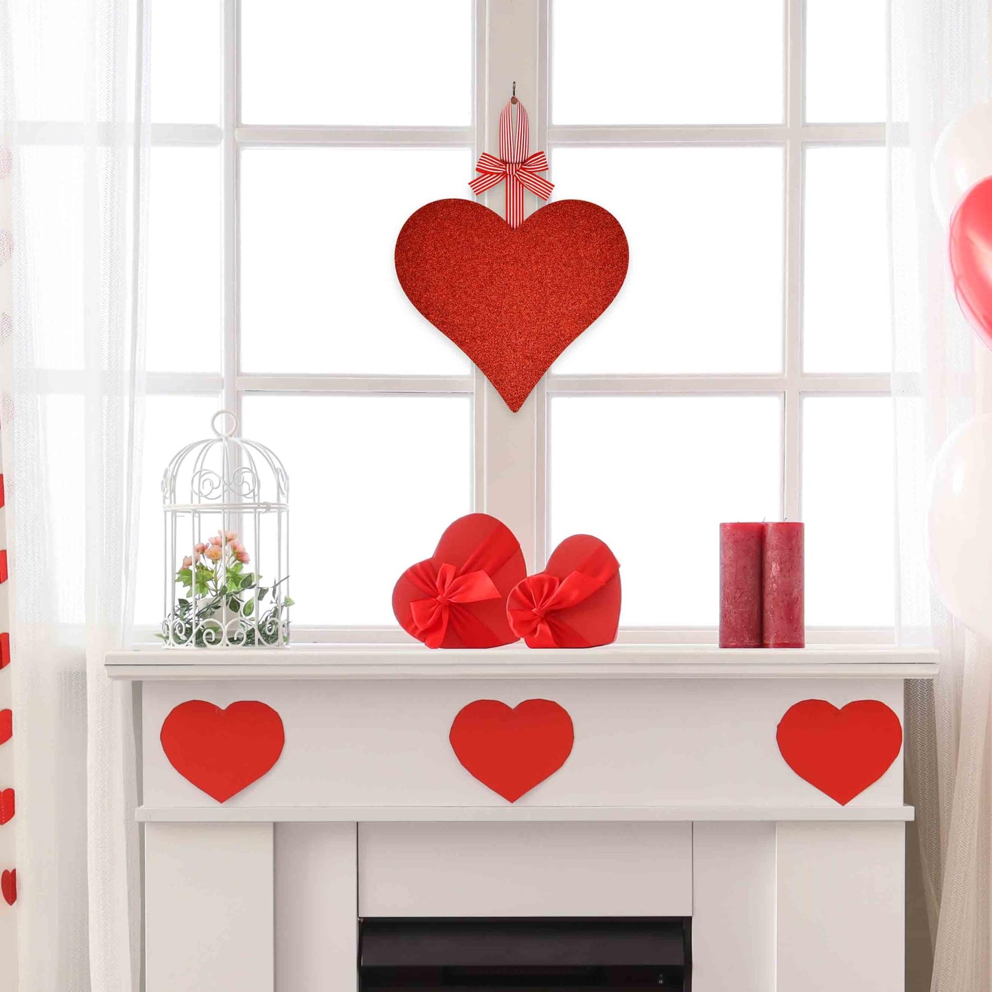 Gift Boutique Valentines Day Decoration Red Glitter Heart Shaped Wooden Hanging Sign Bow Front Door Wall Wreath Home Outdoor Love Plaque Hanger Decor