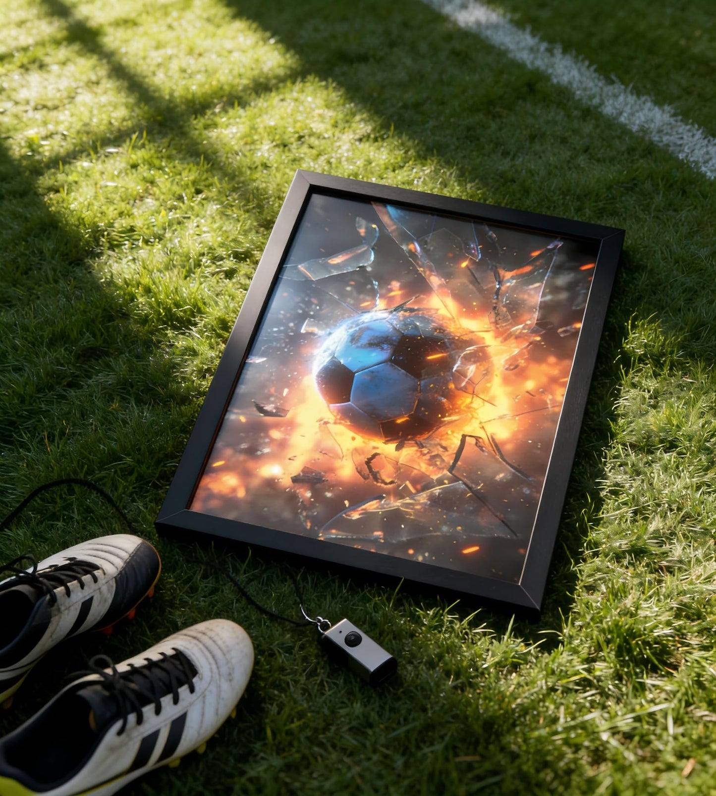 Framed Exploding Soccer Ball Wall Art, Fire and Ice Sports Wall Decor, Dynamic Soccer Poster Artwork, Minimalist Modern Football Canvas Prints for Boys Bedroom Bar