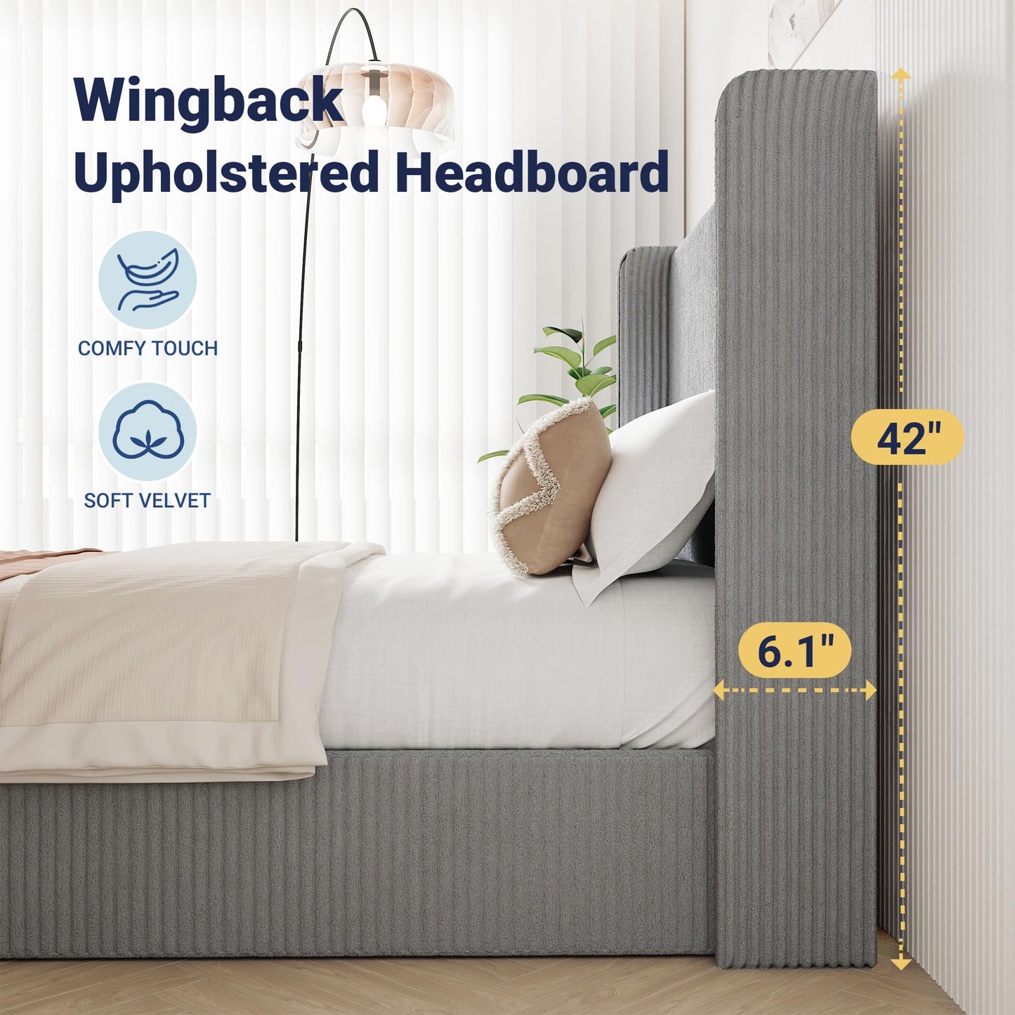 Allewie King Lift-Up Storage Bed Frame with Modern Wingback Headboard, Corduroy Upholstered Platform Bed, Hydraulic Gas Lift Support, Underbed Storage, Wooden Slats, No Box Spring Needed, Grey