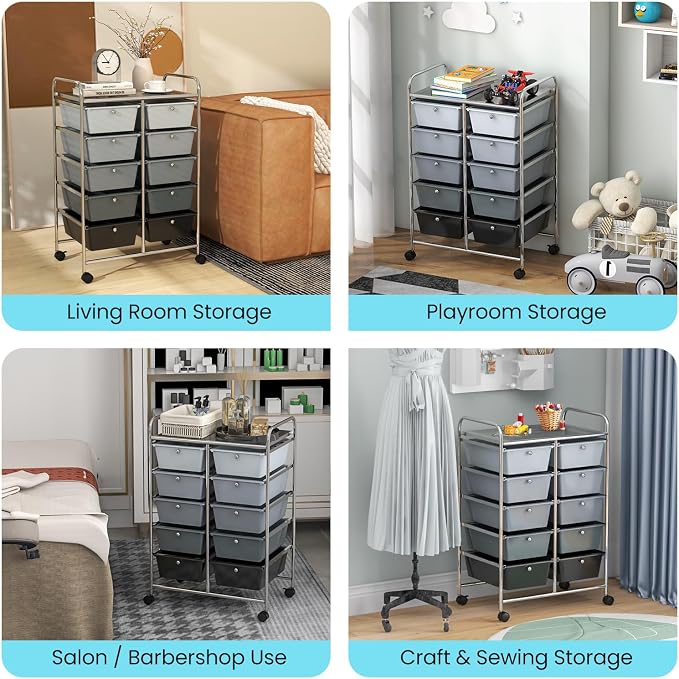 Giantex 10 Drawers Rolling Cart, Classroom Organizers, Storage Cart with Wheels, for Teacher Office Home School Supplies Tool Craft Art Paper, Black Gradient