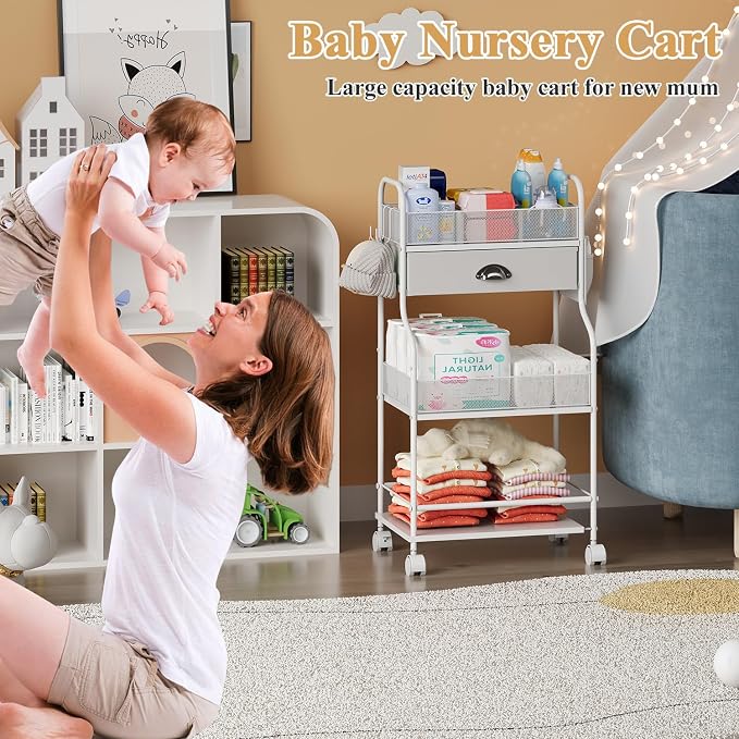 Baby Diaper Caddy Cart Organizer -3 Tier, Bedside Nursery Essentials Organizer & Storage Holder for Newborn Baby Stuff, 2+1 Dividers, 1 Drawer,Rolling Utility Cart for Bedroom,Changing Table, Crib.