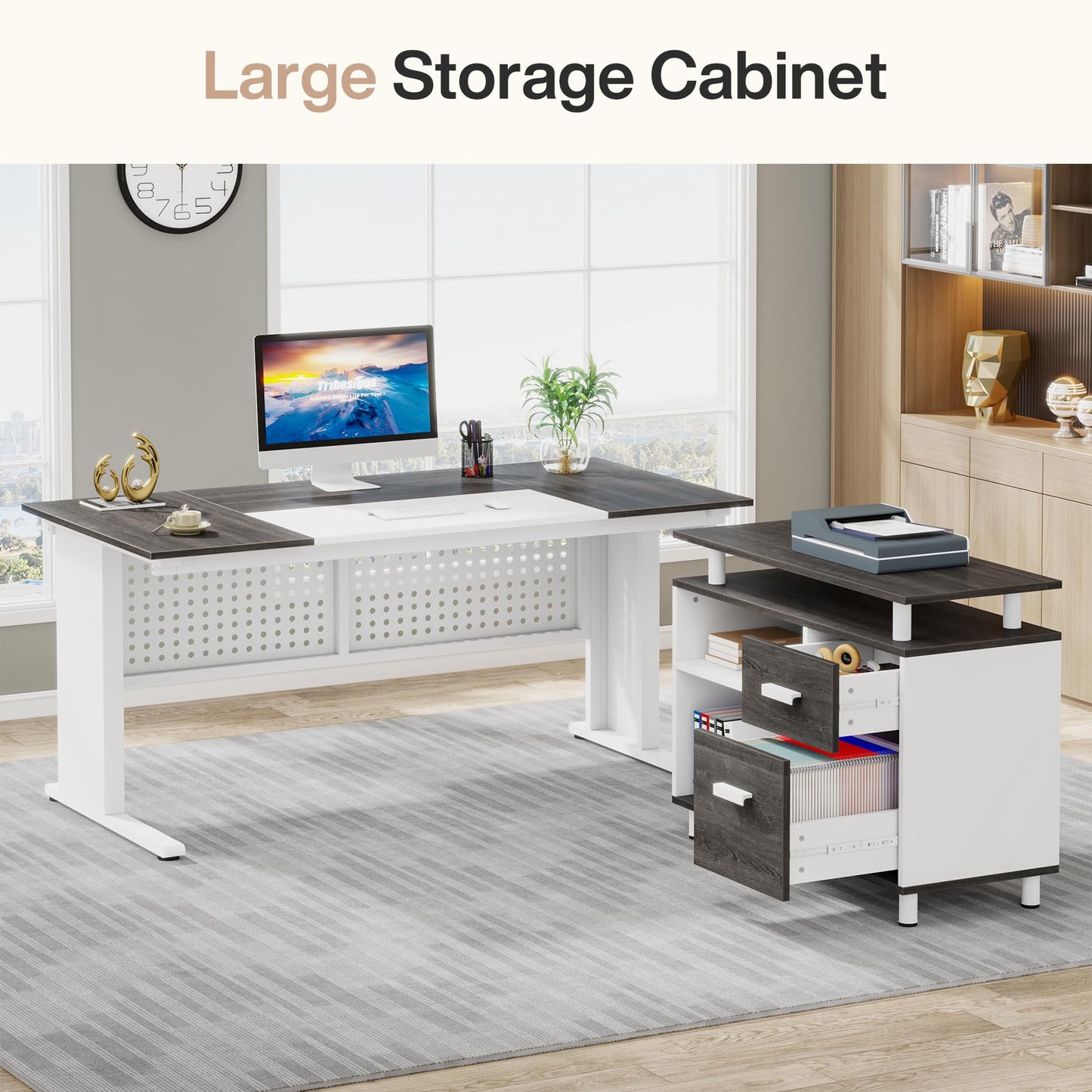 Tribesigns 63 Inch Executive Desk with File Cabinet, L Shaped Office Desk with Drawers and Storage Shelves, Business Furniture Set Workstation for Home Office, Gray and White