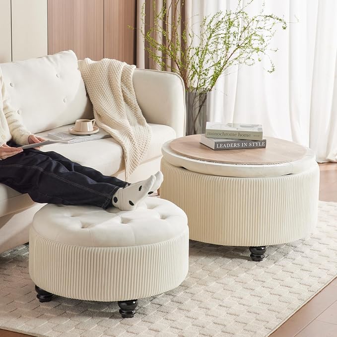 Round Ottoman with Storage Set of 2 Upholstered Velvet Vanity Stool for Living Room Storage Ottomans Multifunctional Foot Rest (Large-Off White)