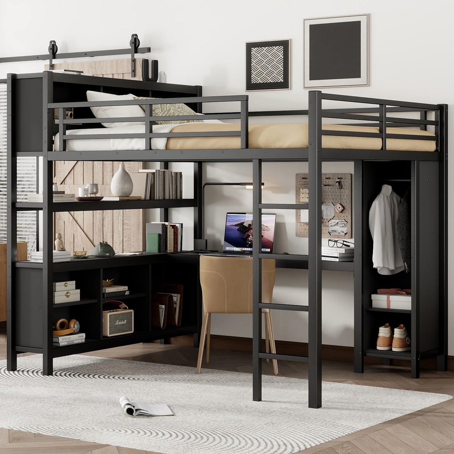 Queen Loft Bed Frame with Wardrobe and Storage Cubes, Queen Size Loft Bed with Desk and Storage Shelf, Heavy Duty Loft Beds with Guardrail, Noise Free Design, Adult Loft Bed Frame, Black