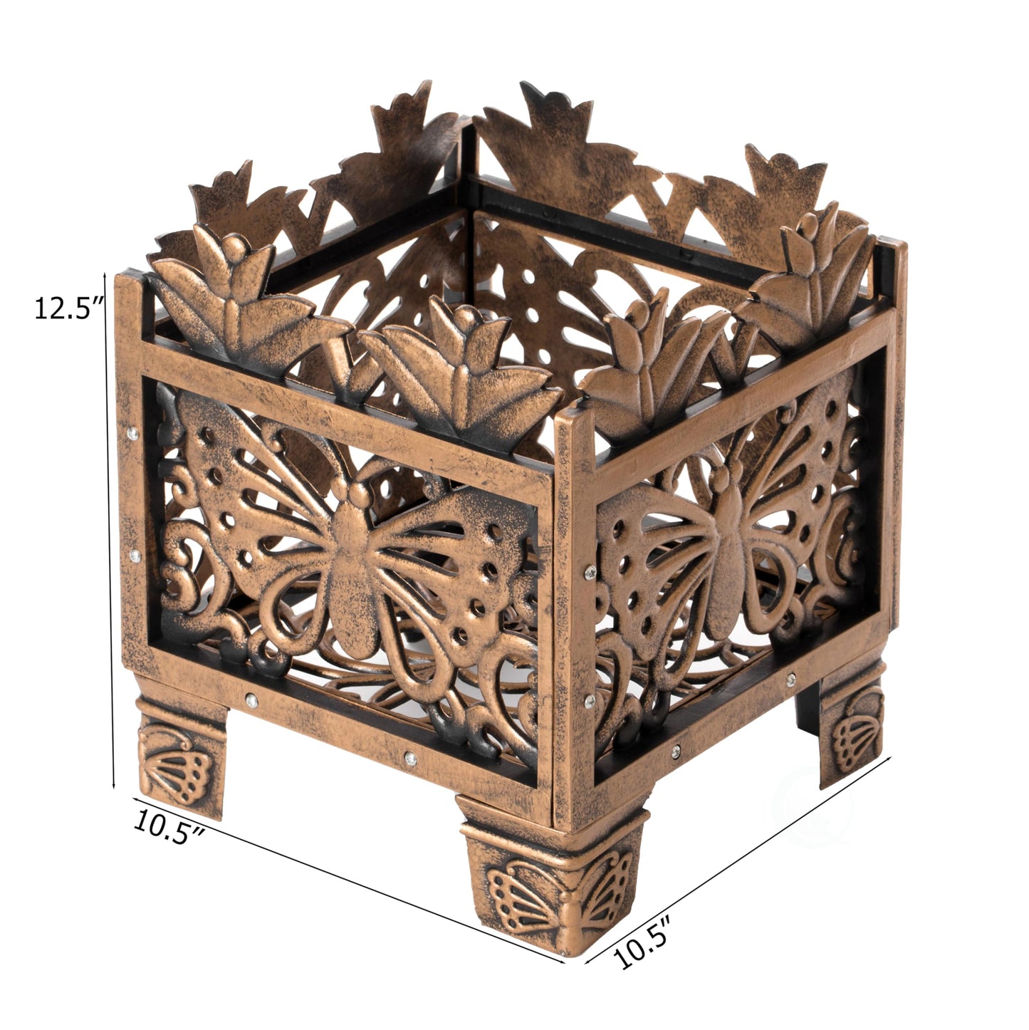 Set of 2 Outdoor Living Butterfly Square Plant Stands, Decorative Flower Planting Pots, Antique Bronze Finish, Garden Patio Decor