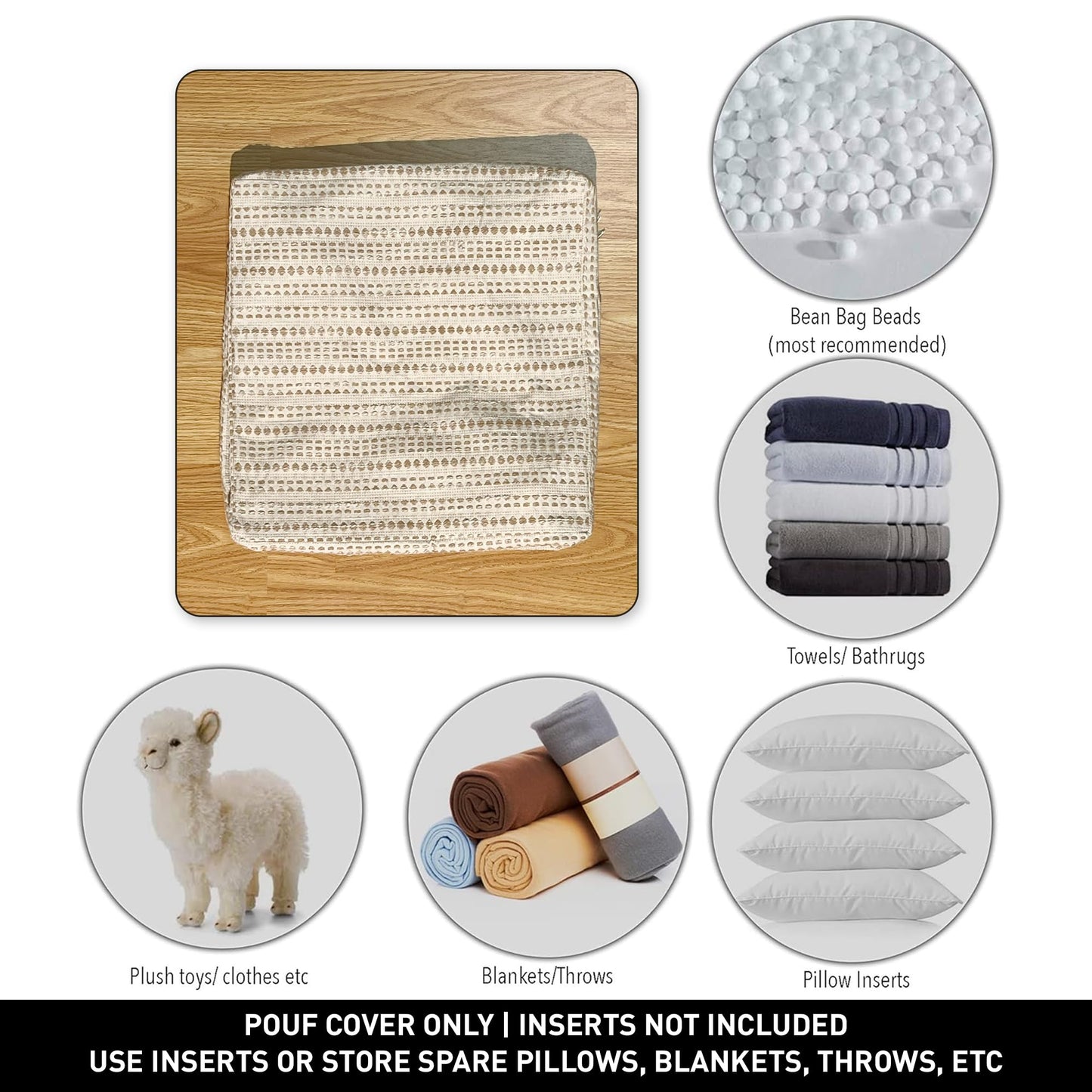 Chardin home Unstuffed Ottoman, Cozy & Bohemian Pouf Covers, Hand Crafted Casual Seating, Footrest, Square Floor Pillow for Home, Office, Bedroom, Living Room, 16.5" x 16.5"x 12.9", Beige-Off White