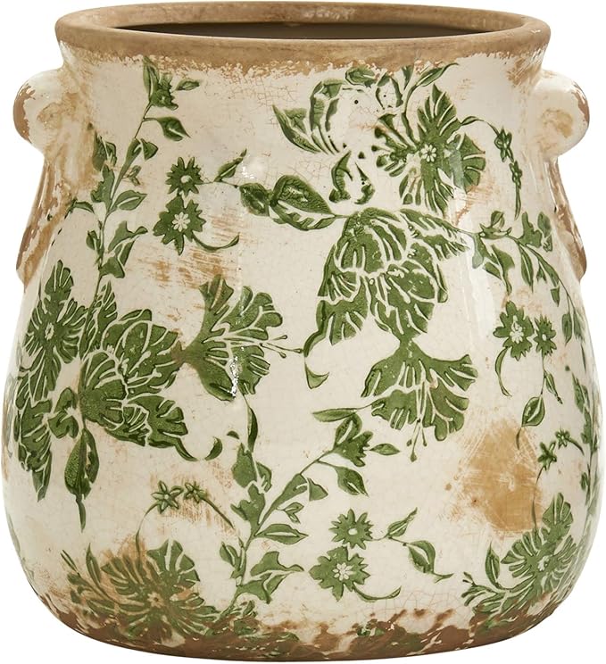 Nearly Natural 6.5in Ceramic Decorative Vase Tuscan Style Green Floral Scroll Design for Indoor Home Decor Centerpieces Tables Small Flower Vases