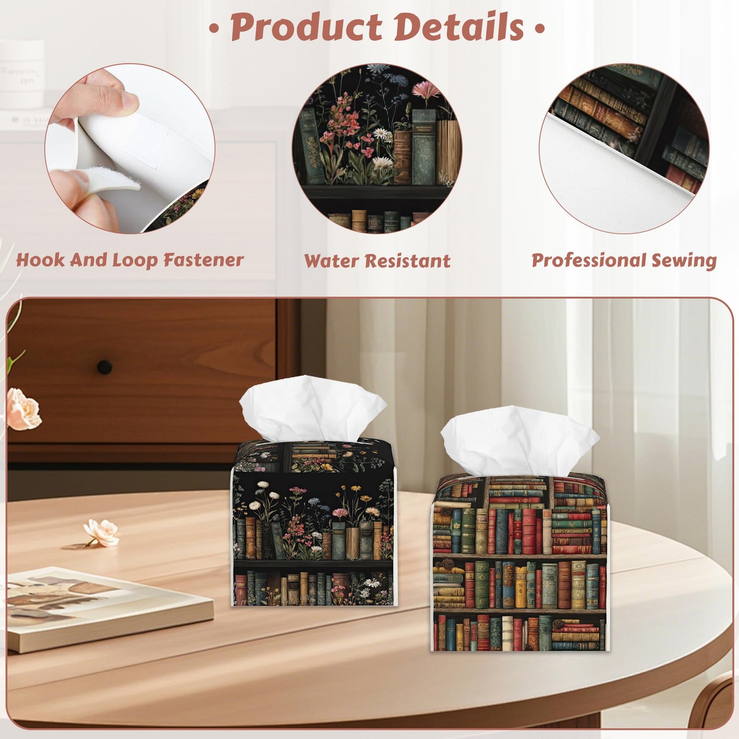 2 Pcs Floral Bookshelf Tissue Box Cover Leather Tissue Box Holder Square Facial Paper Organizer Dispenser for Bedroom Dresser Night Stand Office Desk