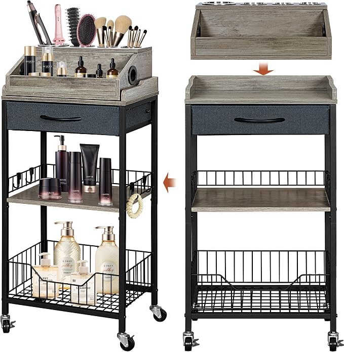 Makeup Organizer Cart Large, 2-in-1 Beauty Organizer with Wheels & Hair Tool Holder, Makeup Stand with Drawer, Vanity Storage Cosmetics Display Cases for Skin Care Nail Polish Perfume-Black