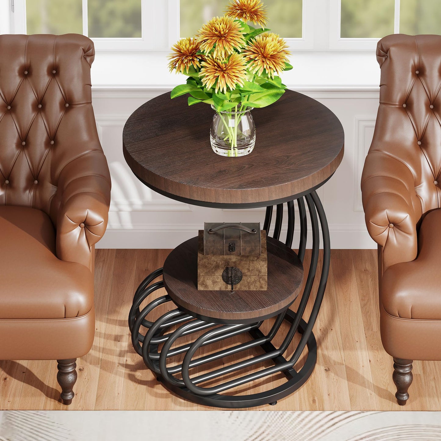 Tribesigns Round End Side Table: Side Table with 2 Tiers Storage Shelves, Vintage End Table for Living Room, Small Bedside Table Accent Table with Arc-Shaped Frame, Rustic Brown