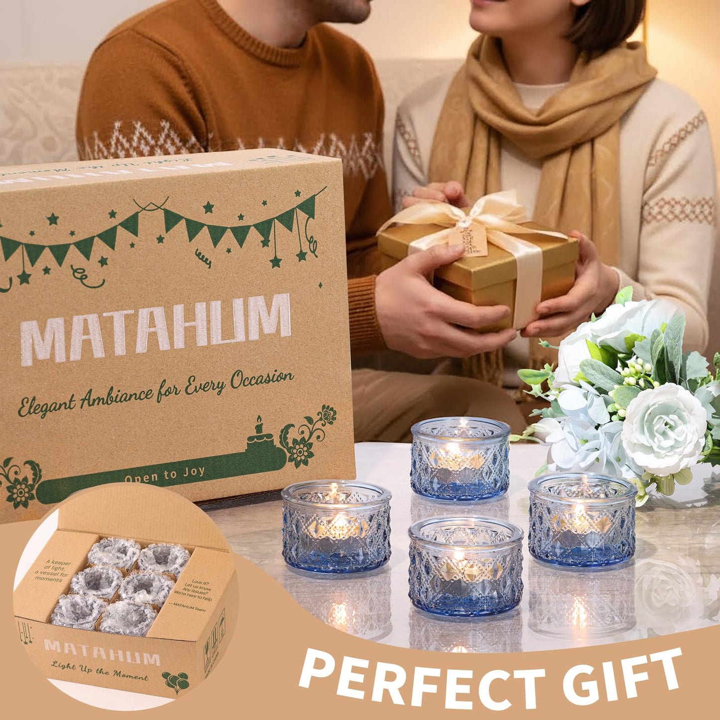 MATAHUM 24 Pack Blue Tealight Candle Holders, Diamond Glass Votive Candle Holders Bulk for Wedding Centerpieces, Beach Theme Bridal Shower, Baby Boy Shower, Birthday Party Decor