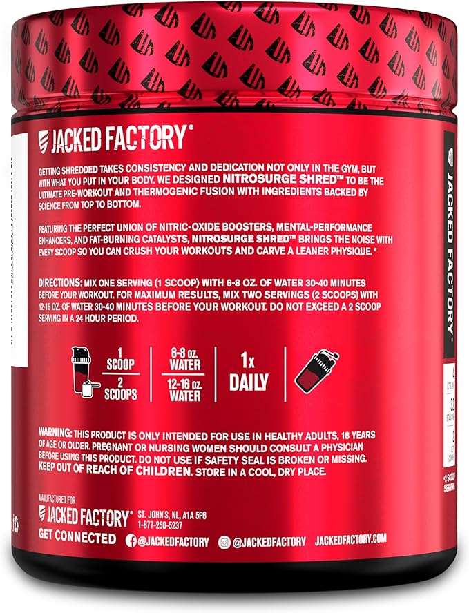 Jacked Factory NITROSURGE Shred Pre Workout Supplement - Energy Booster, Instant Strength Gains, Sharp Focus, Powerful Pumps - Nitric Oxide Booster & PreWorkout Powder - 30Sv, Black Cherry