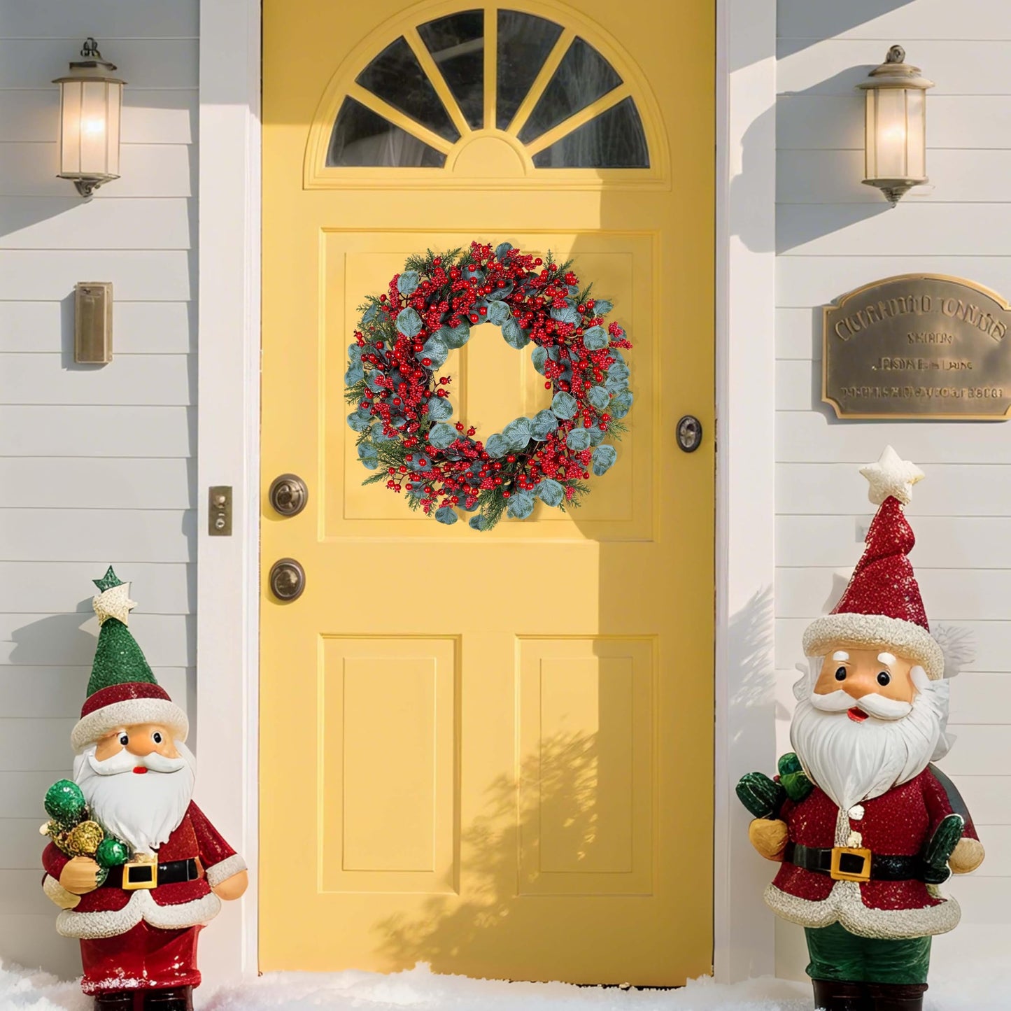 WSTPUPU Artificial Christmas Wreath 22inch Christmas Wreaths for Front Door Xmas Red Berry Wreath with Eucalyptus Leaves Pine Needles Red Berries for Wall Farmhouse Window Winter Holidays