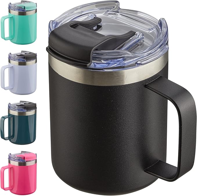 12oz Insulated Coffee Mug Cup with Handle, Stainless Steel Travel Coffee Mug with Flip Lid, Double Wall Vacuum Coffee Tumbler, Black