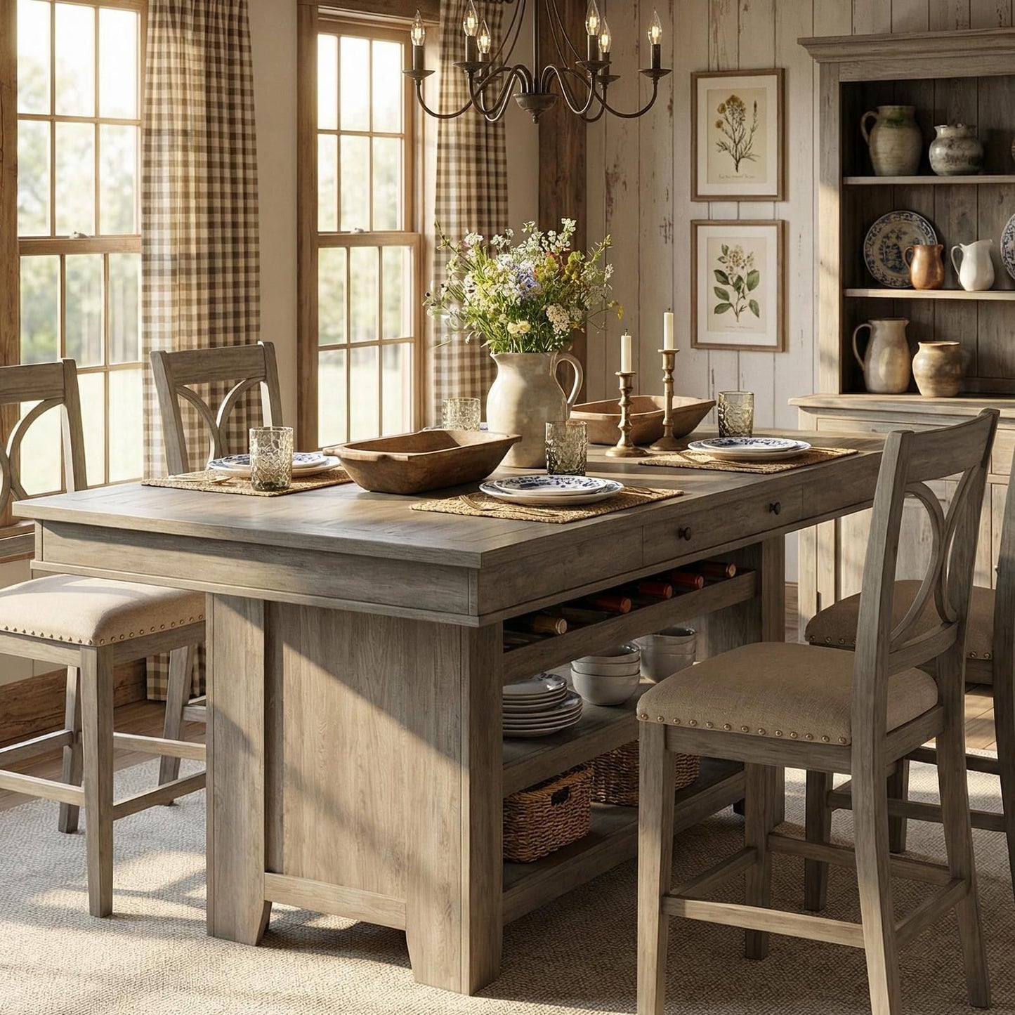 Garvee Counter Height Dining Table with 2 Drawers, 36" Farmhouse Wooden Large Bar Kitchen Table with Wine Rack & 3 Shelves, Rectangular, Thick Frame for Kitchen, Bar & Entertaining, Retro Gray