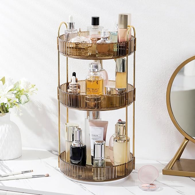 Aveniee Rotating Makeup Organizer for Vanity, 3 Tier Perfume Organizers and Storage for Bathroom Countertop, Clear Spinning Skincare Counter Shelf Holder for Dresser,Brown