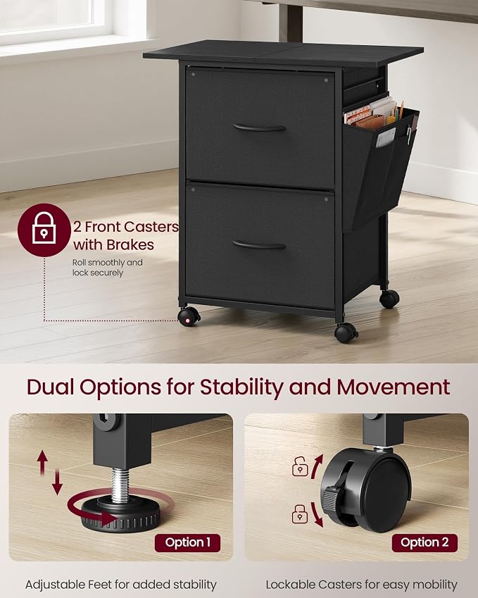 VASAGLE 2-Drawer File Cabinet, Mobile Printer Stand with Storage, Filing Cabinet for A4 Letter Size, Side Pockets, 23.6 x 15.7 x 26.8 Inch, Ink Black, Bellah Collection UOFC202BC01