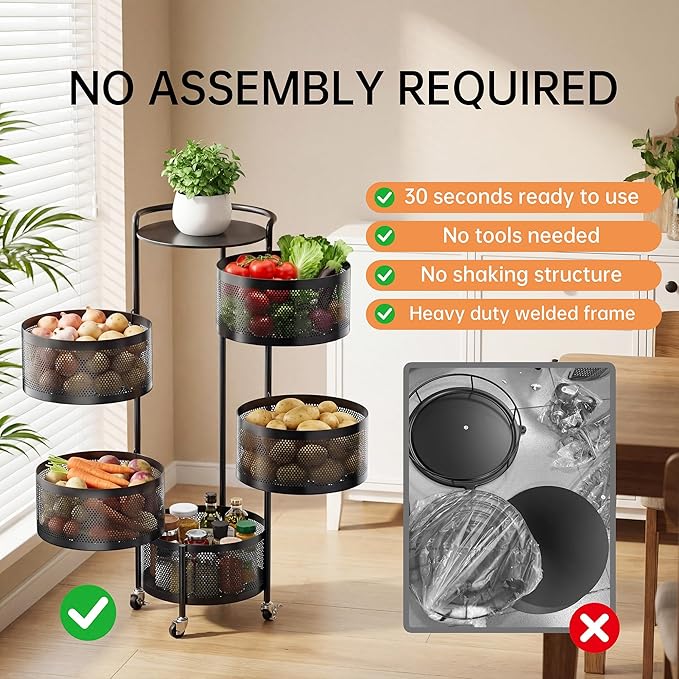 JAQ No Assembly 5-Tier Kitchen Storage Cart with Wheels, Rotating Produce Organizer for Onion, Potato & Vegetable Storage, Large Capacity Pantry Storage Rack, Black