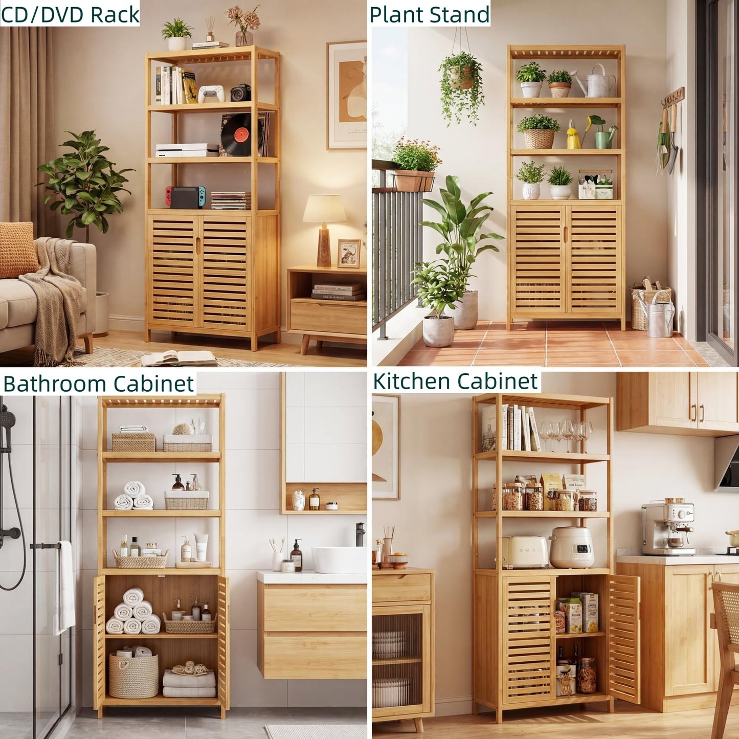 HIFIT 2 Set Tall Shelf Unit Bamboo Storage Cabinet with Doors, 5-Tier Bookshelves and Bookcases with Storage and Display, 67" Tall Cabinet w/Plant Stand for Bathroom,Living Room,Kitchen Dining,Balcony
