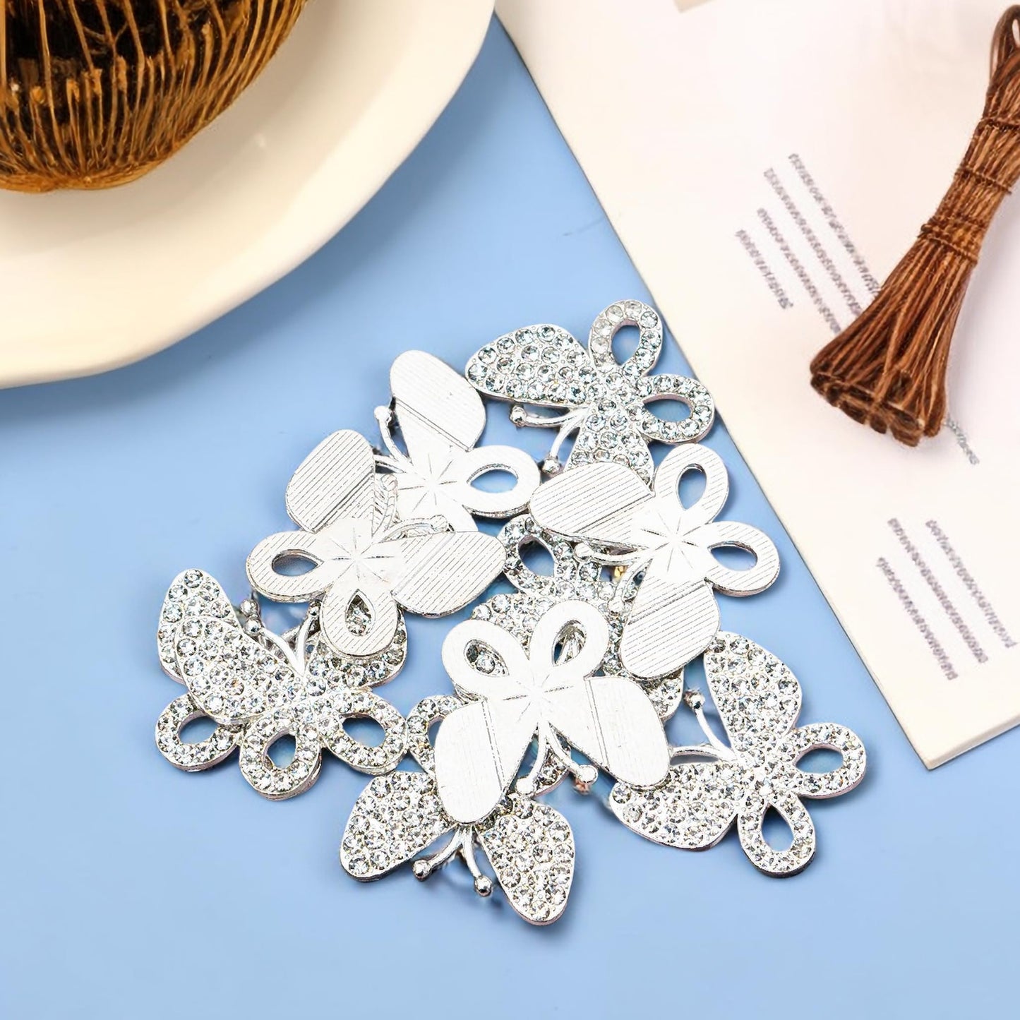 30PCS Alloy Rhinestone Butterfly Embellishment Stickers Handmade Hair Accessories for Sneakers, Clothes, Party Decorations, Gift Box, Dress, Home Decor (Silver)