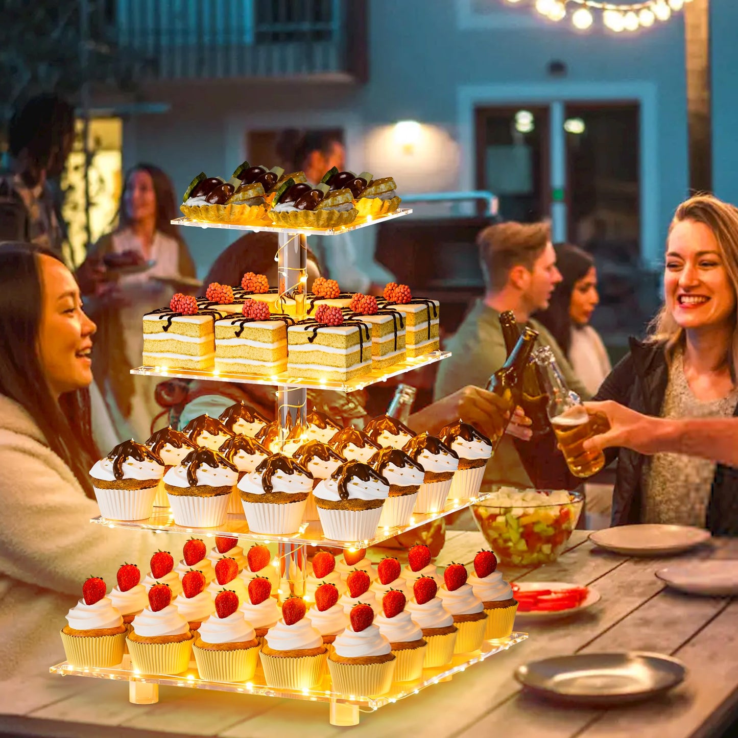 YestBuy Cupcake Stand with Yellow Led Lights, 4 Tier Cupcake Stand for 50 Cupcakes, Acrylic Cupcake Tower Stand, Clear Tiered Cupcake Holder for Birthday Cady Bar Décor Weddings, Parties Events