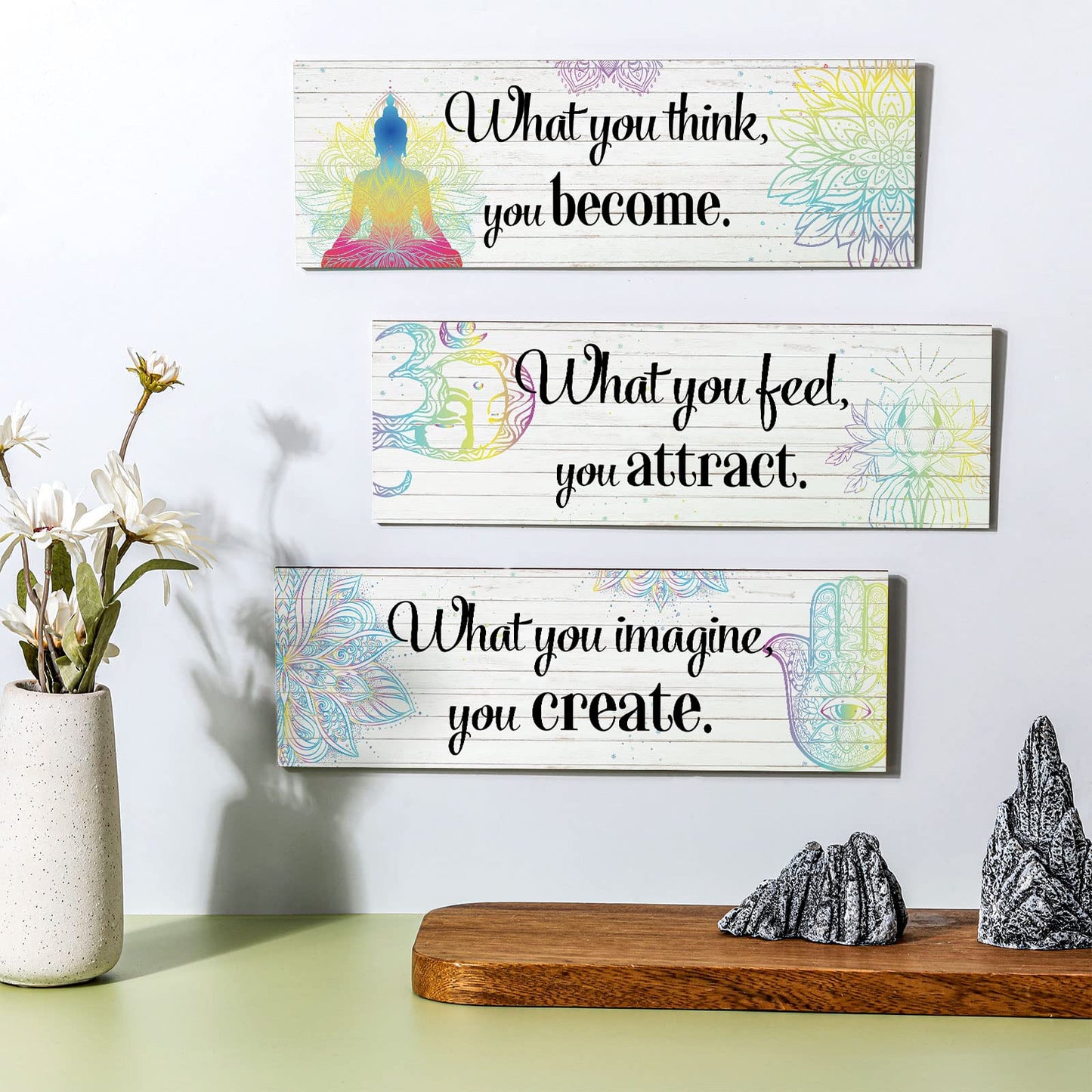Yerliker 3 Buddha Decor Buddha Wall Art Meditation Room Chakra Decor for Bedroom Zen Quotes Wall Decoration Spiritual Gift Hanging Buddhism Spa Room Decoration Yoga Art for Women(White)
