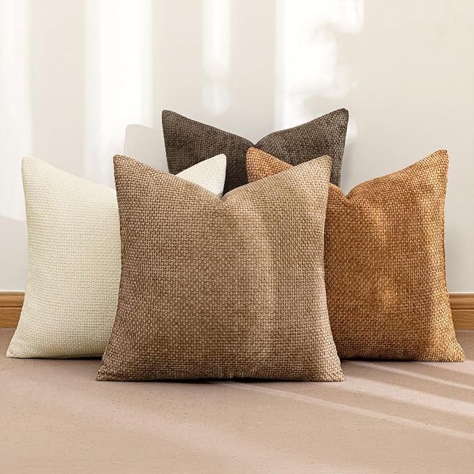 MIULEE Pack of 4 Brown Couch Throw Pillow Covers 24x24 Inch Soft Decorative Chenille Pillows Farmhouse Accent Cushions for Boho Home Decor Spring Sofa Bedroom Living Room