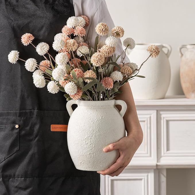 Dobbyby Ceramic Flower Vase 7.6 inch Farmhouse Rustic Vase Decorative Pottery Terracotta Vases for Home Decor Table Mantle Fireplace Living Room Bathroom Wedding Centerpiece (White-Upgraded)