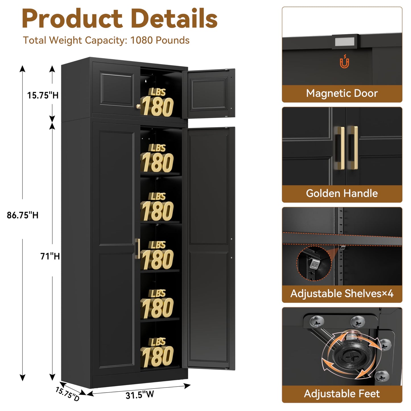 Polup Kitchen Pantry Cabinet, 86 Inch Tall Metal Storage Cabinet, Large Pantry cabinets with Doors and Shelves, Black Storage Cabinets for Garage, Living, Dining, Office, Bathroom, Assembly Required