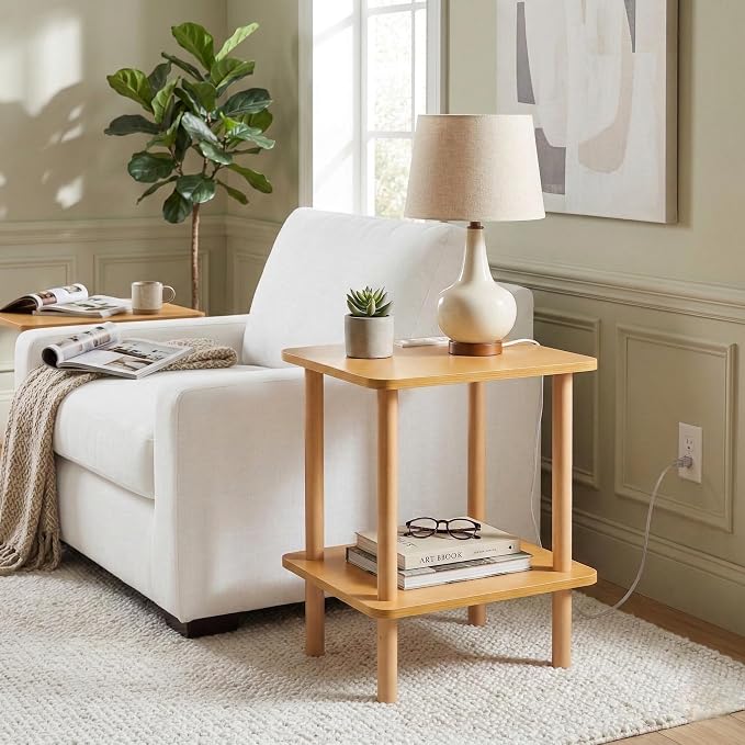 FORAOFUR End Table with Charging Station, Small Tables for Small Spaces in Living Room, Bedroom &Office, Nightstand Bedside Table with Solid Wood Legs, No Assembly Required