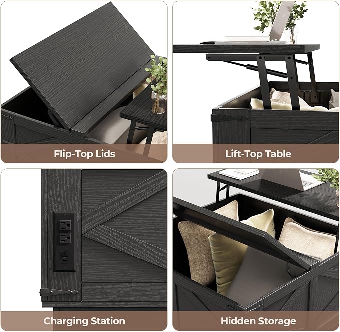 Jocoevol Farmhouse Lift Top Coffee Table, Square Wood Center Table with LED Lighting, USB-C Charging Station, and Hidden Storage Compartment - Rustic Black Living Room Furniture