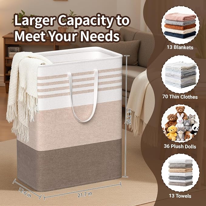 WOWBOX 2 Pack Laundry Baskets, Laundry Hampers, Freestanding Dirty Clothes Hampers with Reinforced Handles & Cross Stitch & Waterproof Coating, for Laundry Bedroom Bathroom Dorm,125L Khaki