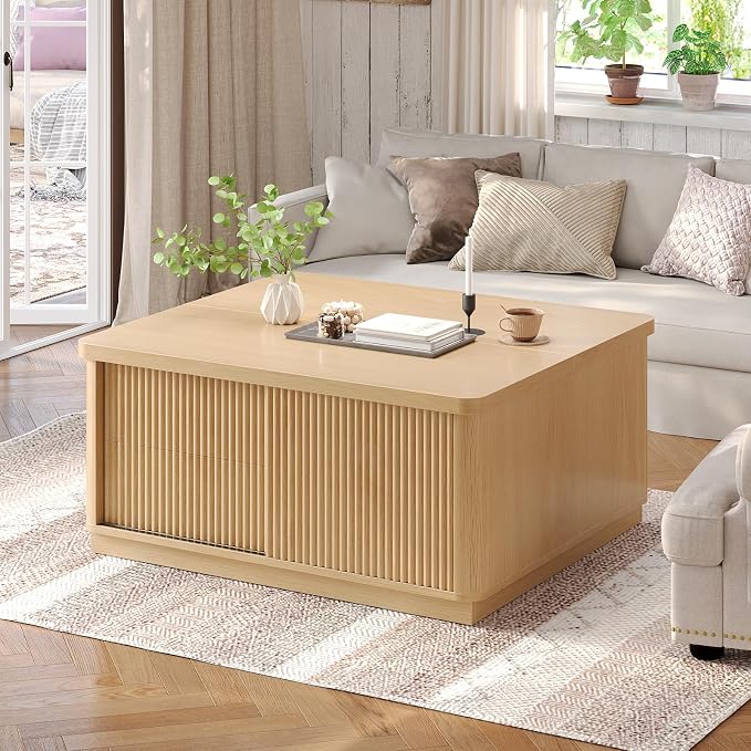 Itaar 39.4'' Lift Top Coffee Table with Storage, Fluted Coffee Tables for Living Room, Square Coffee Table with Large Hidden Compartment & 2 Drawrs & Adjustables Shelves, Oak