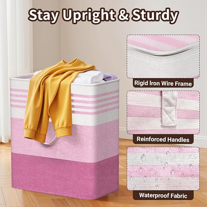 WOWBOX 2 Pack Laundry Baskets, Laundry Hampers, Freestanding Dirty Clothes Hampers with Reinforced Handles & Cross Stitch & Waterproof Coating, for Laundry Bedroom Bathroom Dorm,100L Pink
