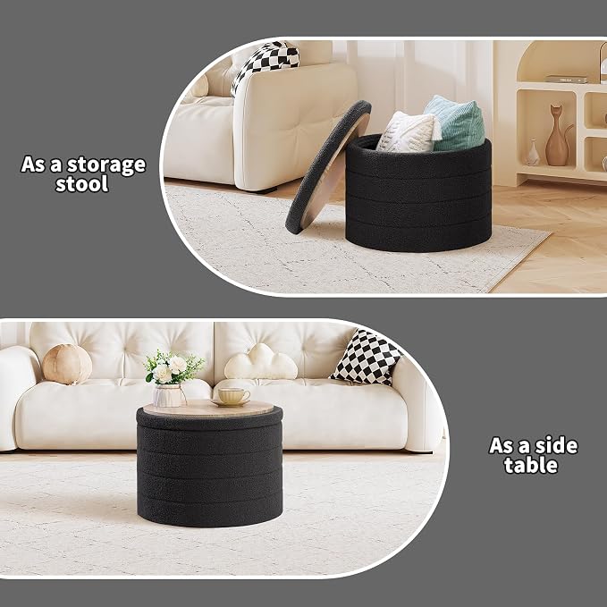 PINPLUS Round Storage Ottoman, Foldable Sherpa Ottoman Footstool Storage with Coffee Table for Living Room, Bedroom, Dorm (Dark Grey)
