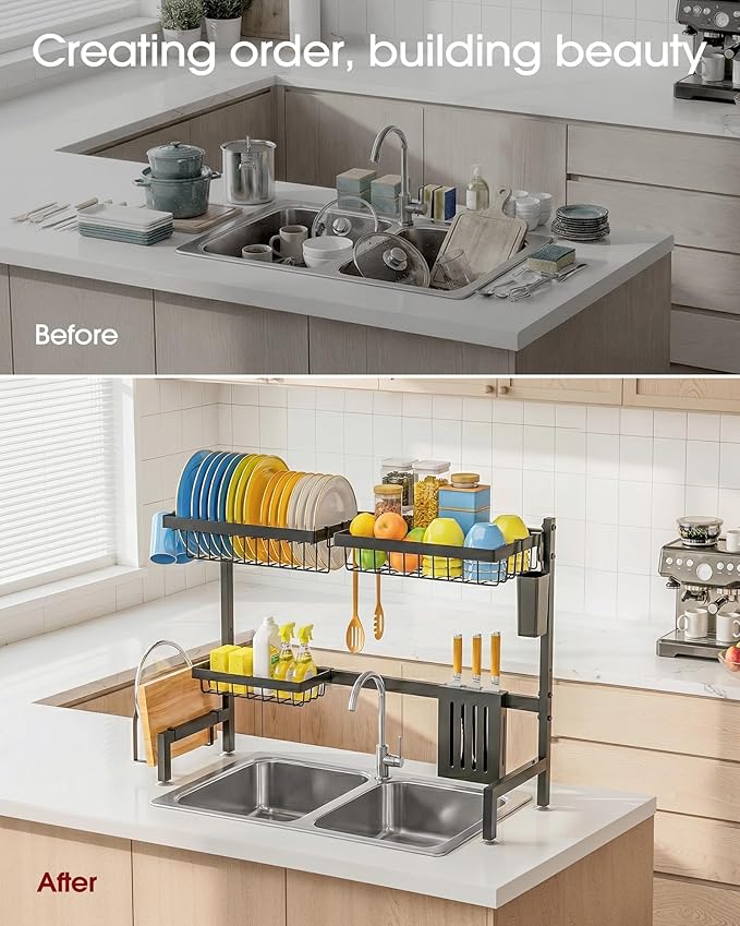 Sakugi Dish Drying Rack - Over the Sink Dish Drainer Drying Rack with Utensil & Knife Holder, Hooks, Stainless Steel Kitchen Organizers and Storage Solution, 11" D x 30.5"~34''W x 21.5" H, Black