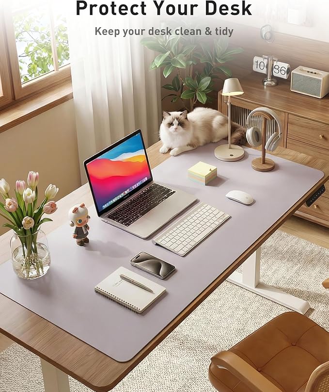 Aothia Faux Leather Desk Mat - Large Mouse Pad, Non-Slip PU Leather Blotter, Waterproof Writing Surface for Office and Home (Smoky Lavender, 42" x 17")