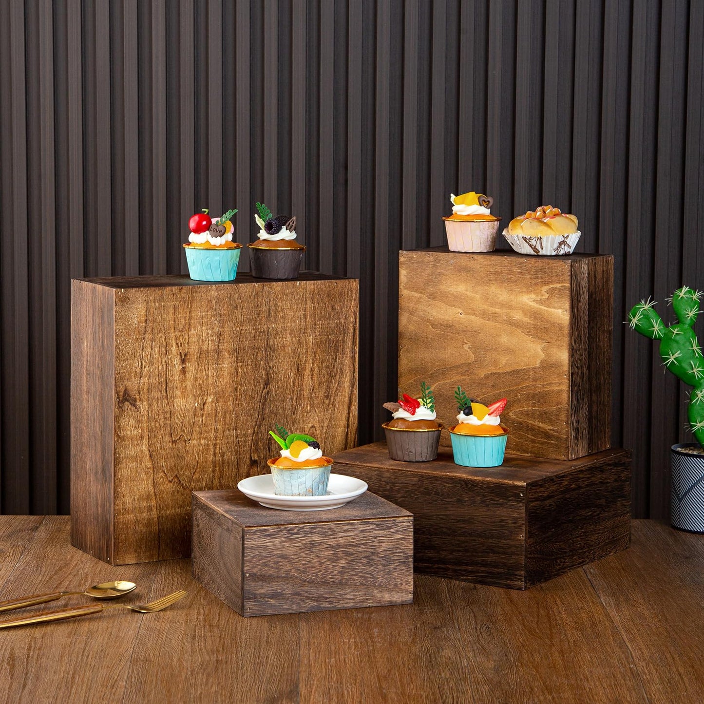 VDEHOM Vintage Brown Square Wooden Cake Stands For Display,Set Of 4 Wood Cupcake Stands Risers, 12 Inches Rustic Wood Crates For Wedding Cake Display, (Vintage Brown)
