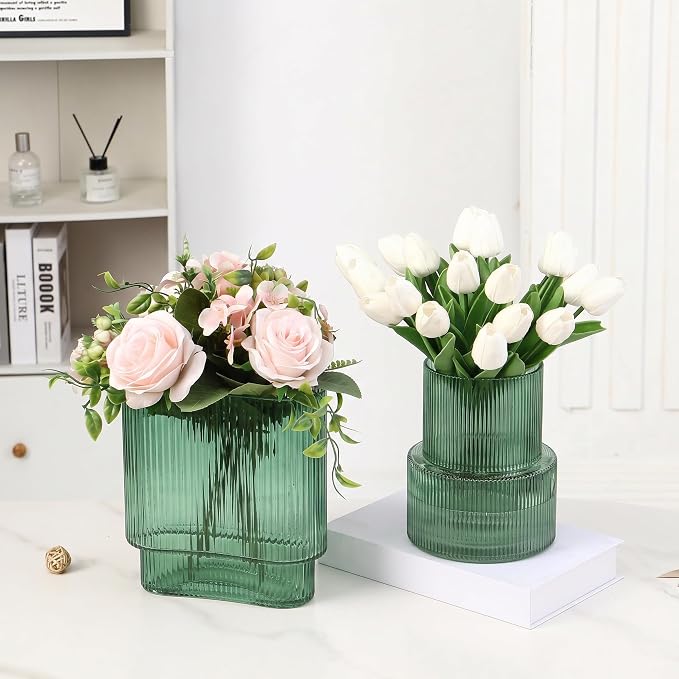 Green Glass Vases, Set of 2 Ribbed Vases for Flowers, Green Vase for Tulips, Modern Glass Vase for Living Room, Dining Table, Office, Entryway, Mantle, Bookshelf, Wedding Gifts
