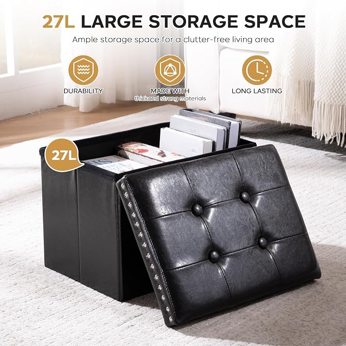 oakvivo Small Storage Ottoman Foot Rest Stool, 16x12x12 in Foldable Leather Footstool Storage Bench with Rivet Design, Thicker Foam Padded Seat, Footrest Under Desk for Living Room Bedroom, Black
