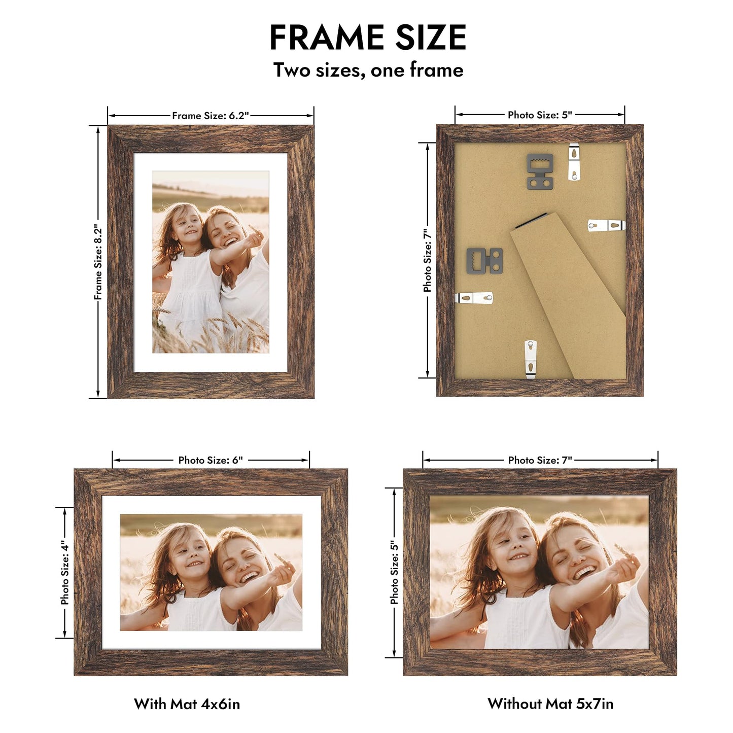 Hongkee 5x7 Picture Frame with Glass, Display Pictures 4x6 with Mat or 5 x 7 without Mat - Wall and Tabletop, 5 by 7 Photo Wooden Frames (Rustic Brown, 1 Pack)