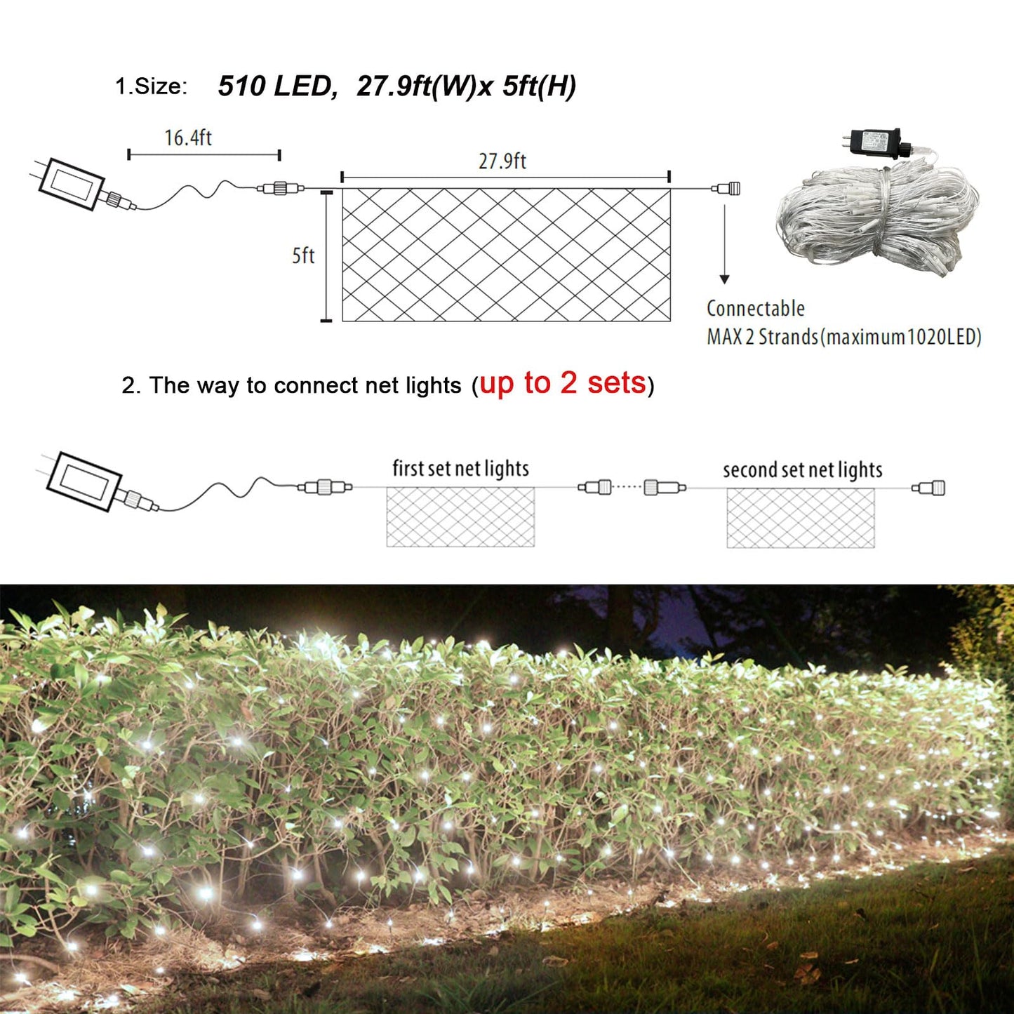 Lovelite 510 LED Christmas Net Lights, 28ft x 5ft Mesh Lights Outdoor Clear Wire 8 Modes, Waterproof Connectable String Lights Plug in for Xmas Tree Bushes Garden Holiday Party Decorations - White